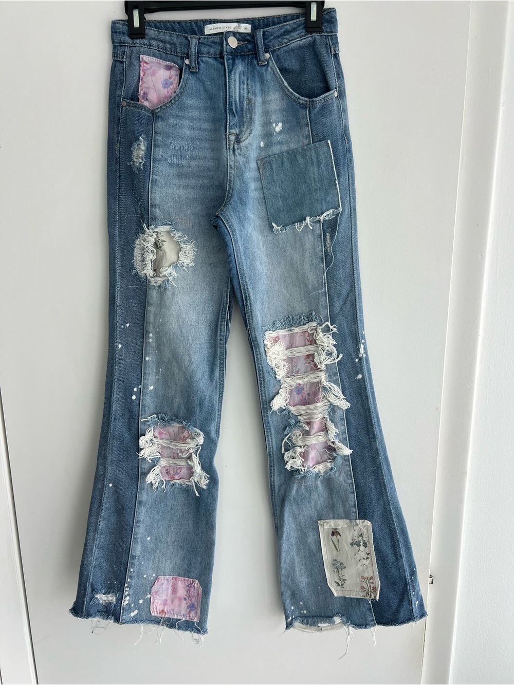 Altar'd State Blue Denim Flare Jeans with Pink Patchwork